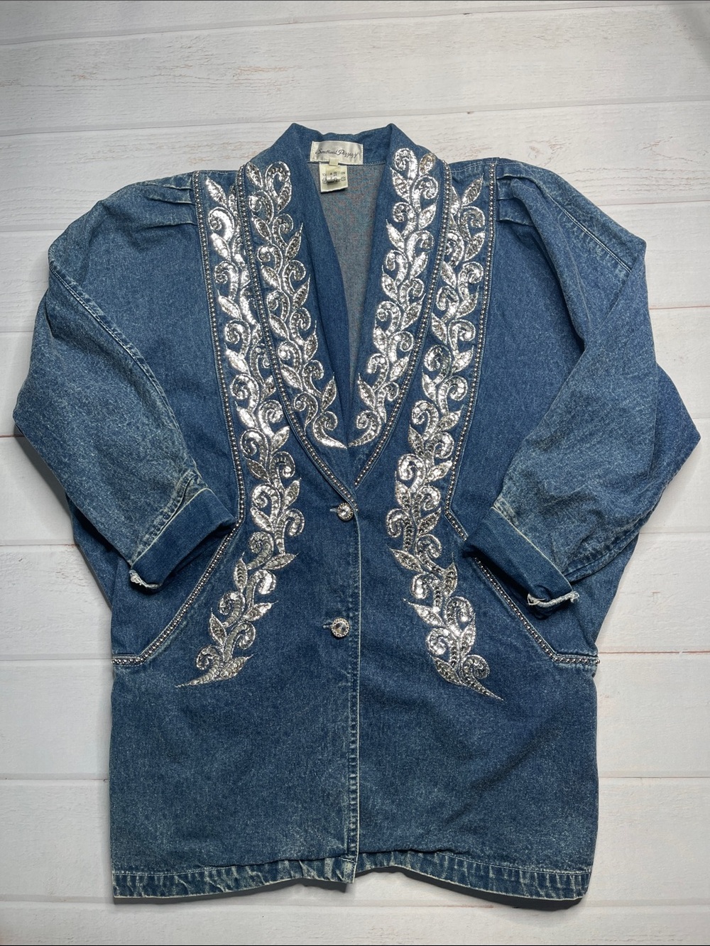 Vintage Denim Sequins Jacket 80s Large Beaded Cotton Long Length Golden Girls L - Picture 14 of 16